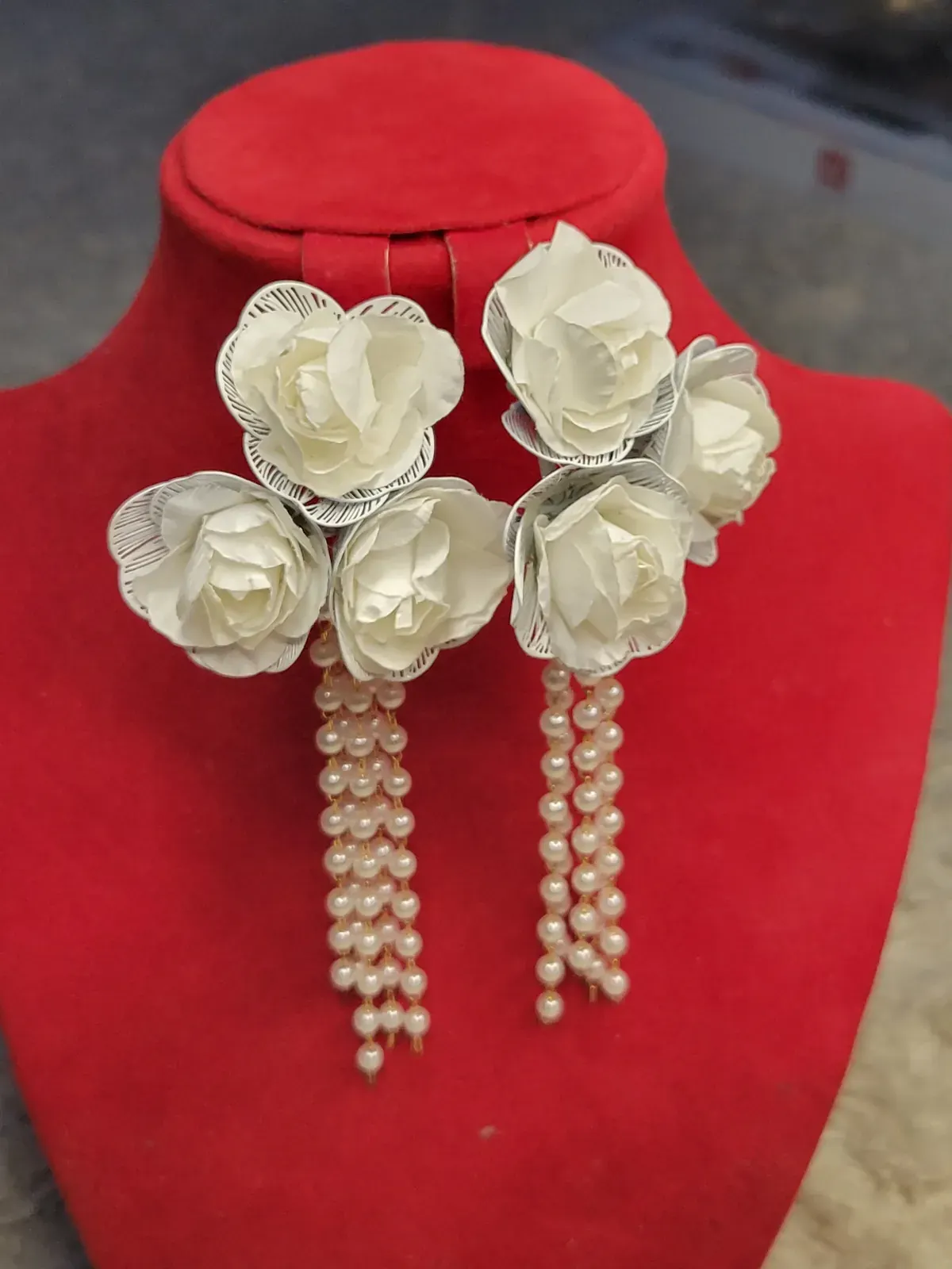 White Rose Pearl Tassel Earrings