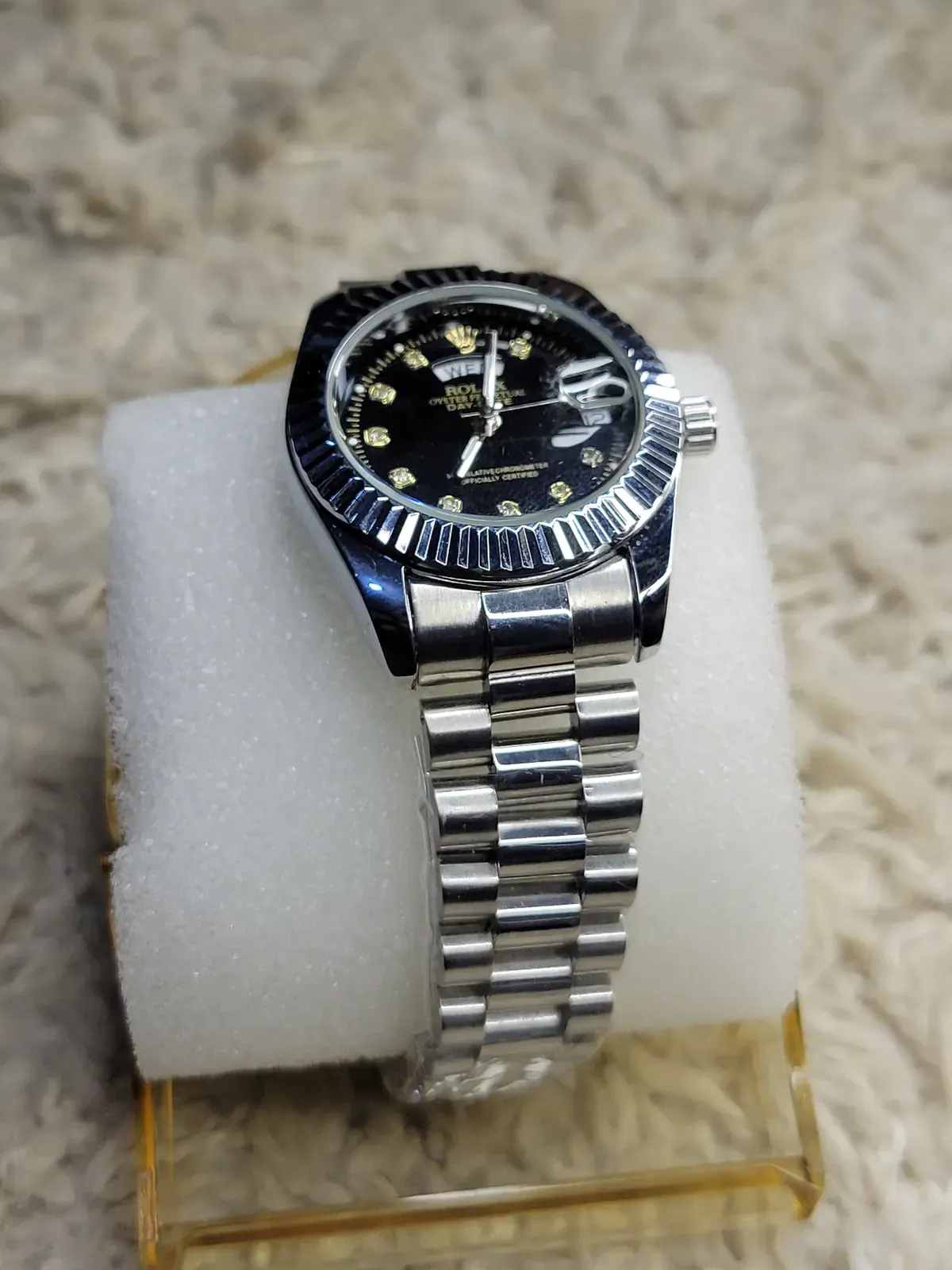 Black Dial Fluted Bezel Watch